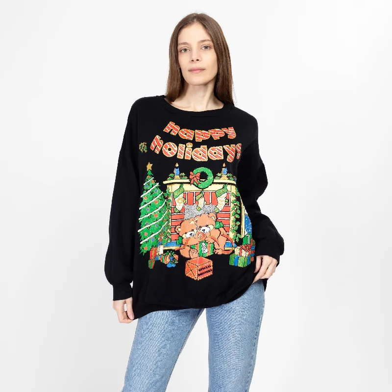 2X 90s Happy Holidays Teddy Bear Sweatshirt Hoodie with Frayed Bohemian Relaxed