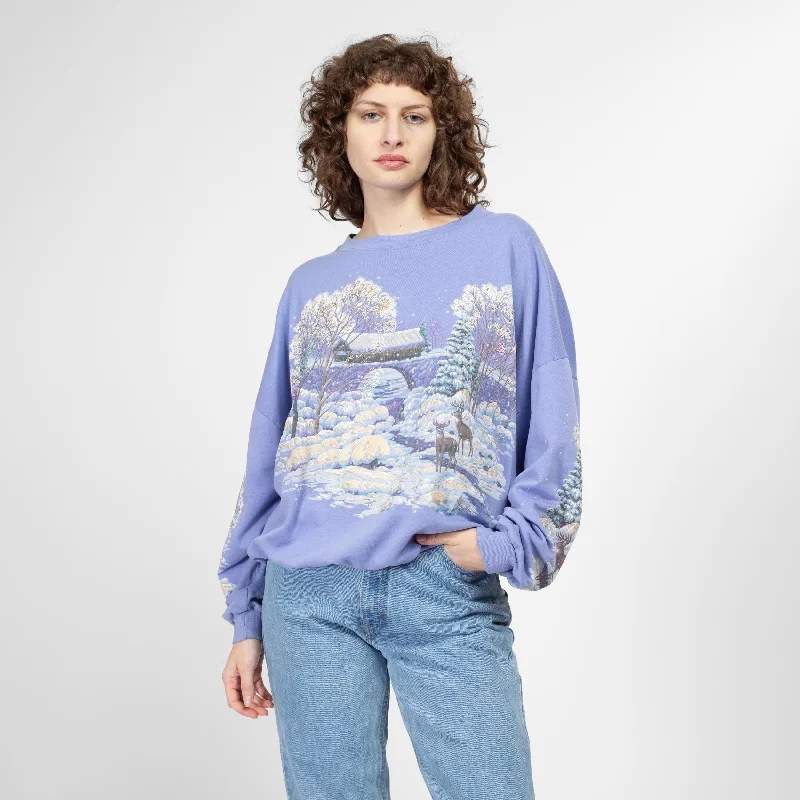 One Size 80s Periwinkle Winter Scene All Over Print Sweatshirt Hoodie with Hem Lace Feminine Delicate One Size 80s Periwinkle Winter Scene All Over Print Sweatshirt Hoodie with Hem Lace Feminine Delicate