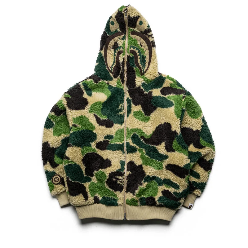 A Bathing Ape ABC Camo Sherpa Shark Full Zip Hoodie - Green Hoodie with Velcro Closure Adjustable Secure A Bathing Ape ABC Camo Sherpa Shark Full Zip Hoodie - Green Hoodie with Velcro Closure Adjustable Secure