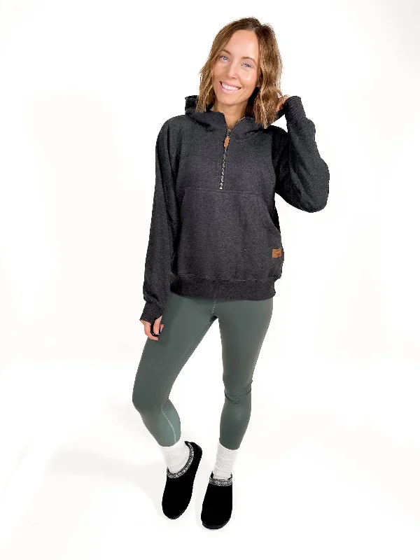 Averley Hooded Fleece- BLACK Hoodie with Hem Fringe Bohemian Relaxed