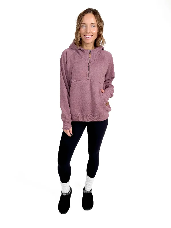 Averley Hooded Fleece- MAUVE Hoodie with Frayed Bohemian Relaxed