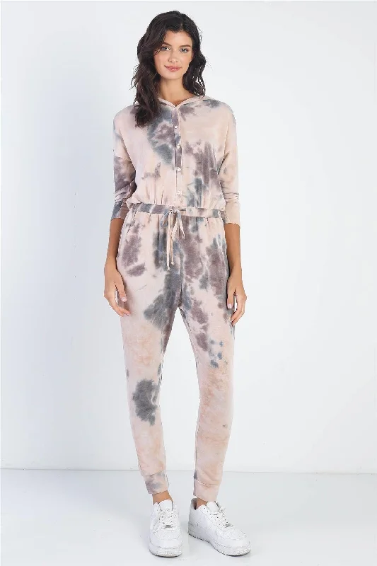 Tie-Dye Button Up Midi Sleeve Hooded Jumpsuit Hoodie with Raw Hem Edgy Unfinished