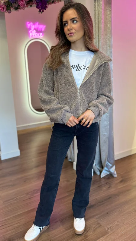 Cammie Taupe Hooded Fleece Top Oversized Hoodie Comfort Casual