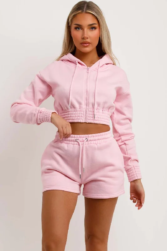 Crop Zip Hoodie And Shorts Tracksuit Set Baby Pink Hoodie with Front Slit Layering Stylish Crop Zip Hoodie And Shorts Tracksuit Set Baby Pink Hoodie with Front Slit Layering Stylish