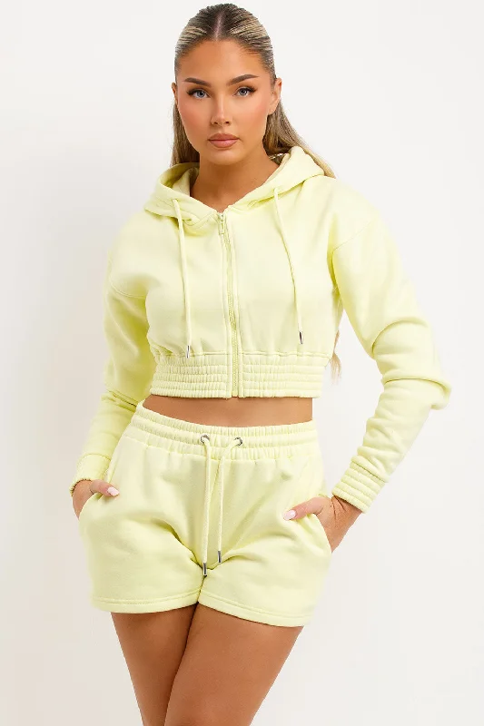 Crop Zip Hoodie And Shorts Tracksuit Set Lemon Hoodie with Hem Raw Edge Edgy Unfinished Crop Zip Hoodie And Shorts Tracksuit Set Lemon Hoodie with Hem Raw Edge Edgy Unfinished