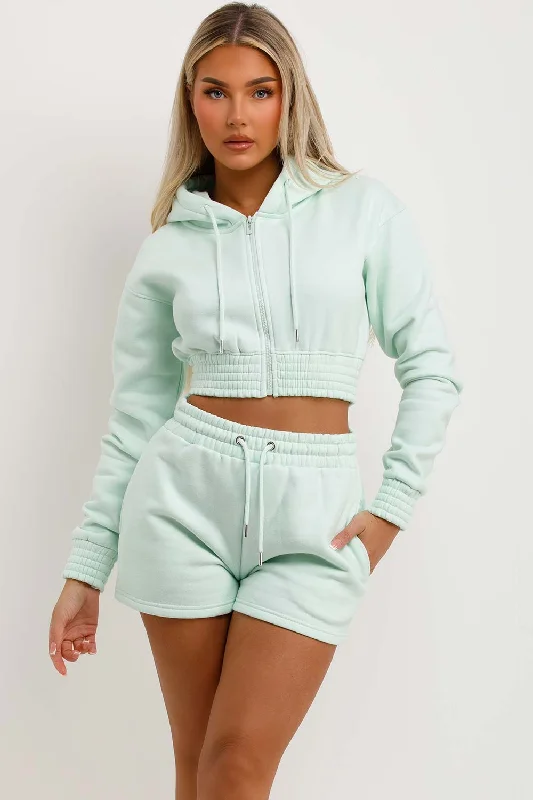 Crop Zip Hoodie And Shorts Tracksuit Set Mint Hoodie with Lining Warm Insulated