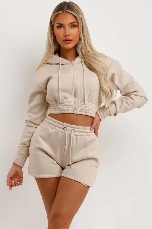 Crop Zip Hoodie And Shorts Tracksuit Set Oatmeal Hoodie Dress Longline Feminine