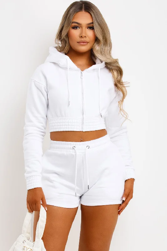 Crop Zip Hoodie And Shorts Tracksuit Set White Hoodie Dress Longline Feminine
