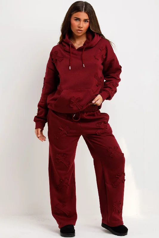 Cross Patch Hoodie And Joggers Tracksuit Lounge Set Burgundy Hoodie with Velcro Closure Adjustable Secure Cross Patch Hoodie And Joggers Tracksuit Lounge Set Burgundy Hoodie with Velcro Closure Adjustable Secure