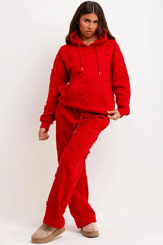 Cross Patch Hoodie And Joggers Tracksuit Lounge Set Red Hoodie with Drop Shoulder Relaxed Streetwear Cross Patch Hoodie And Joggers Tracksuit Lounge Set Red Hoodie with Drop Shoulder Relaxed Streetwear