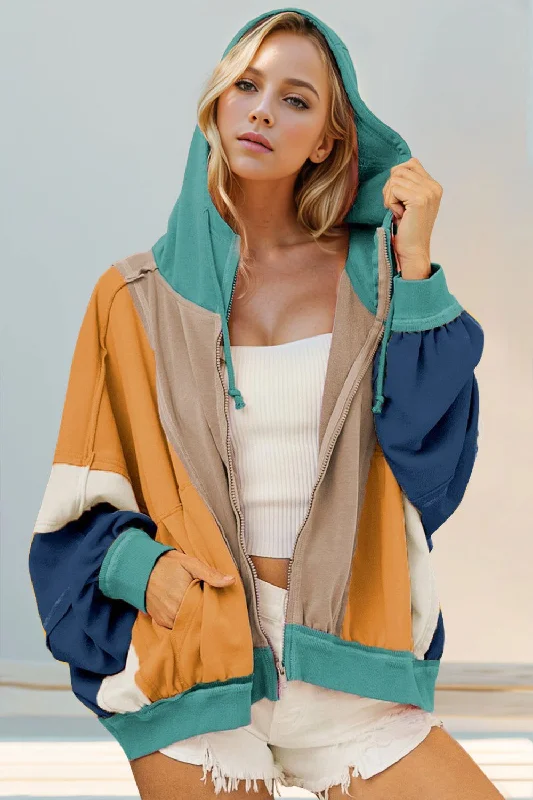 Double Take Full Size Color Block Zip Up Hoodie Hoodie with Half-Zip Sporty Casual