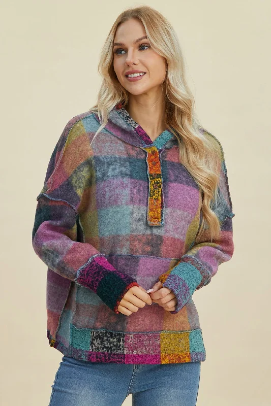 Double Take Full Size Plaid Dropped Shoulder Fleece Hoodie Hoodie with Rolled Sleeves Casual Relaxed Double Take Full Size Plaid Dropped Shoulder Fleece Hoodie Hoodie with Rolled Sleeves Casual Relaxed