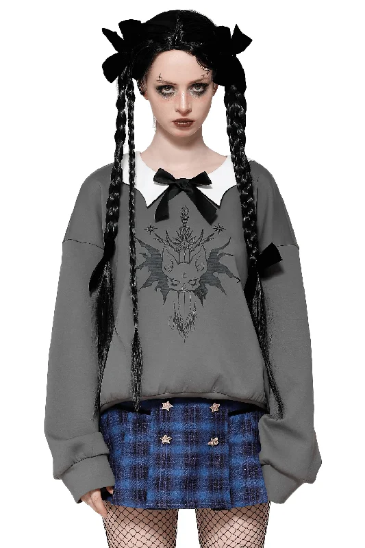 Gothic Collar Bow Sweatshirt with Unique Cat Design Hoodie with Stripes Bold Sporty