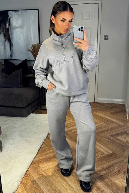 Half Zip Sweatshirt And Joggers Loungewear Set Dove Grey Hoodie with Applique Textured Unique Half Zip Sweatshirt And Joggers Loungewear Set Dove Grey Hoodie with Applique Textured Unique