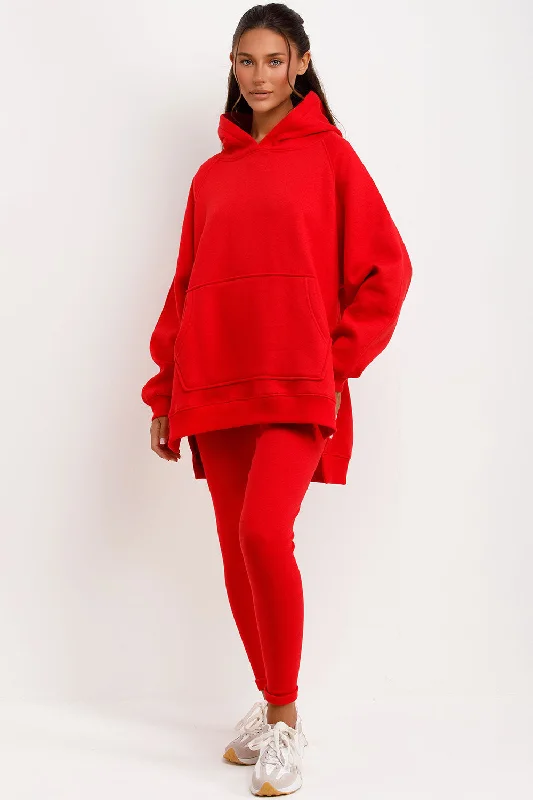Hoodie And Leggings Set Red Hoodie with High-Low Hem Asymmetrical Trendy