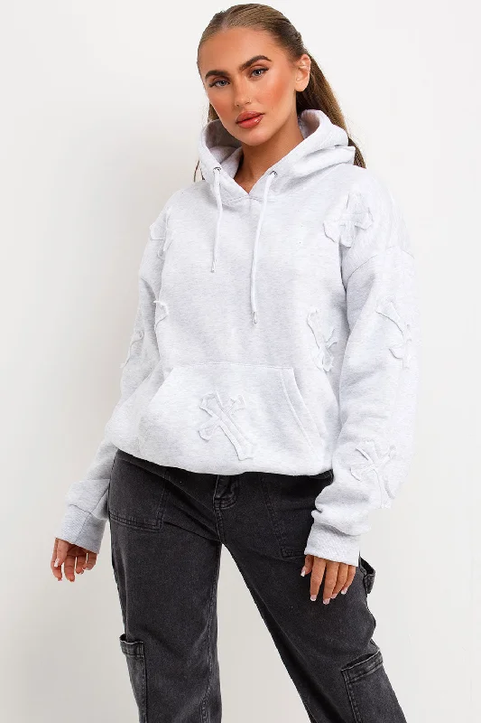 Hoodie With Cross Applique Embroidery Grey Marl Hoodie with Snap Buttons Easy Quick
