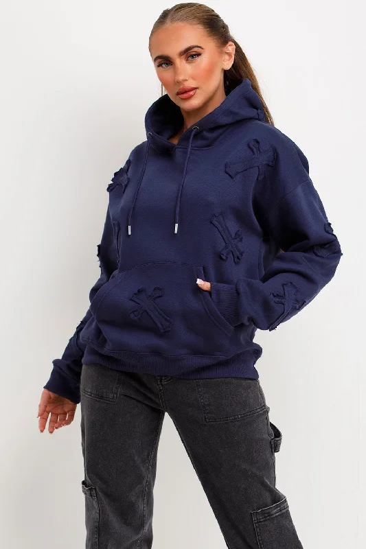 Hoodie With Cross Applique Embroidery Navy Hoodie with Hood Adjustable Protection