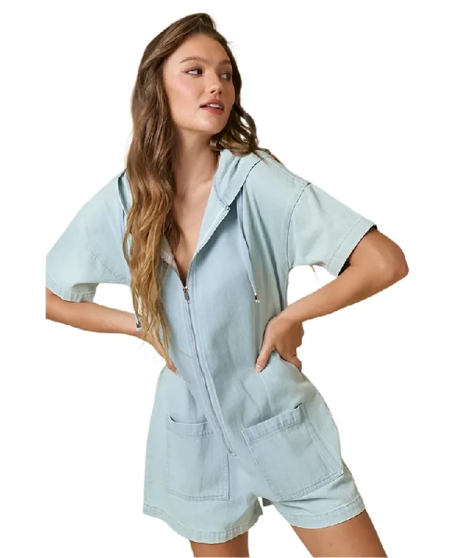 Dallas Denim Zip Up Pocket Hoodie Romper Hoodie with Button Classic Timeless