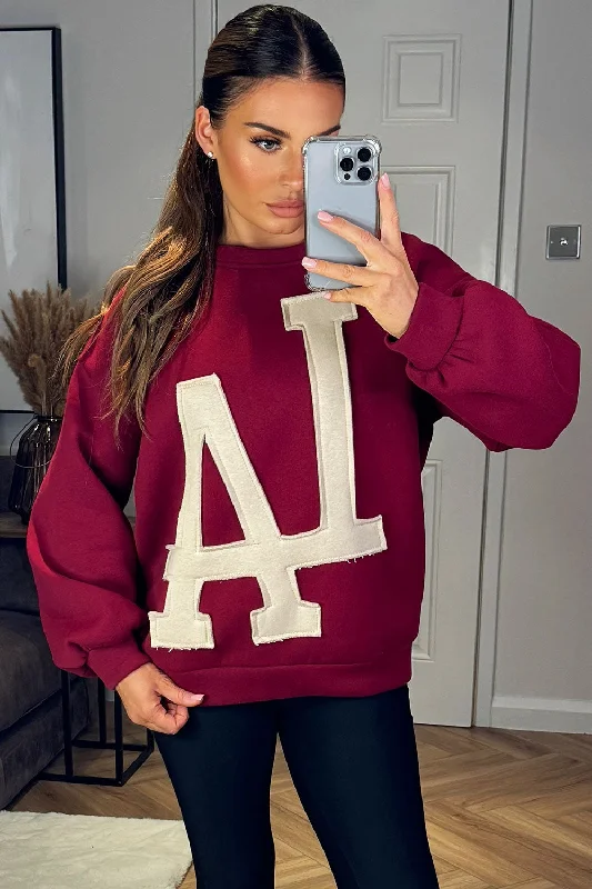 LA Jumper Sweatshirt Burgundy Hoodie with Ribbed Neckline Snug Warm