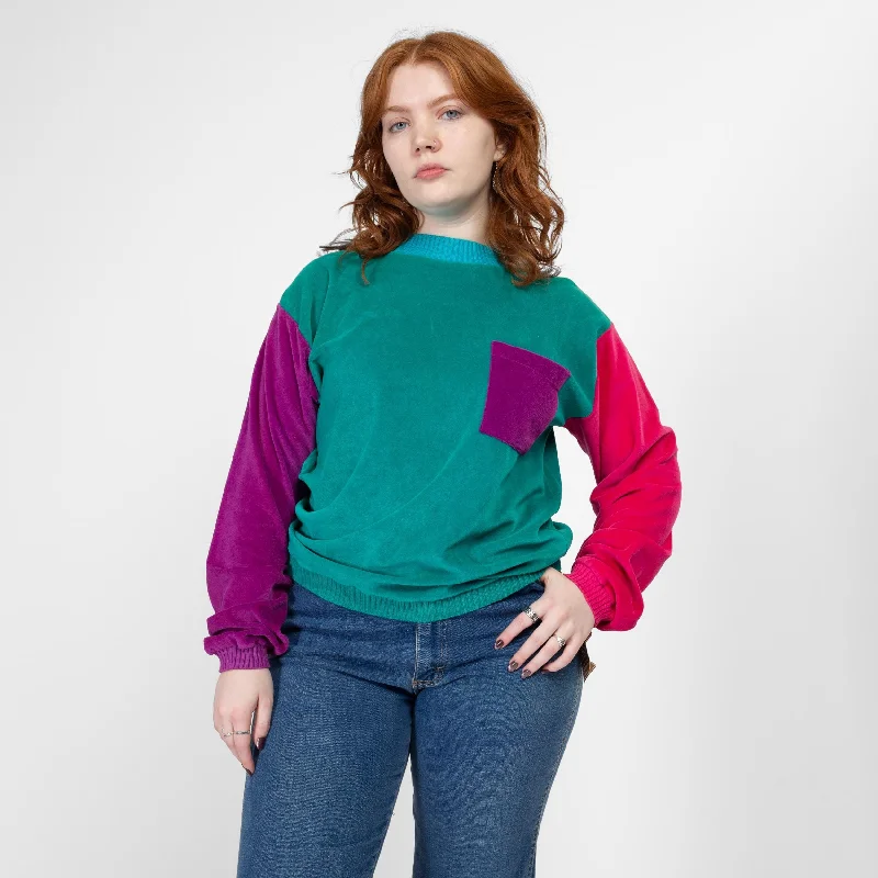 Large 80s Color Block Velour Sweatshirt NWT Graphic Hoodie Design Print