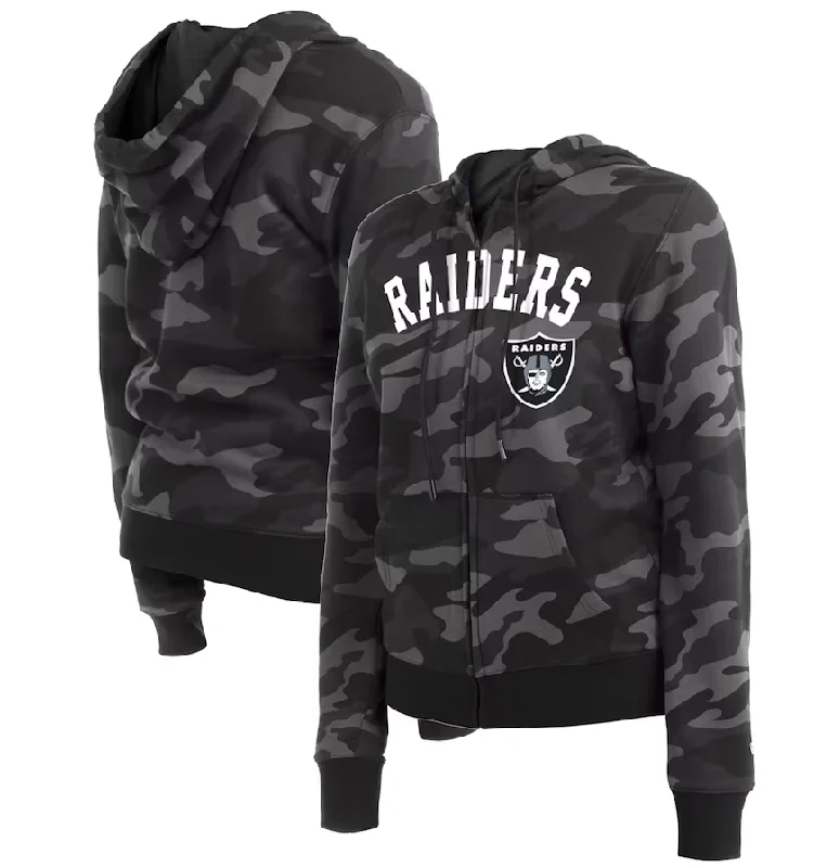 Las Vegas Raiders New Era Women's Camo Full-Zip Hoodie - Black Hoodie with Hem Ribbing Snug Secure Las Vegas Raiders New Era Women's Camo Full-Zip Hoodie - Black Hoodie with Hem Ribbing Snug Secure