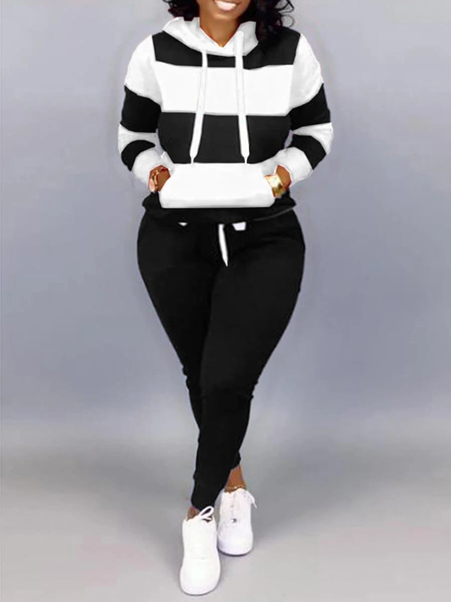 LW Plus Size Sporty Hooded Collar Striped Tracksuit Set Black White Patchwork Kangaroo Pocket Design Tracksuit Sportswear Set Hoodie with Full-Zip Functional Layering LW Plus Size Sporty Hooded Collar Striped Tracksuit Set Black White Patchwork Kangaroo Pocket Design Tracksuit Sportswear Set Hoodie with Full-Zip Functional Layering