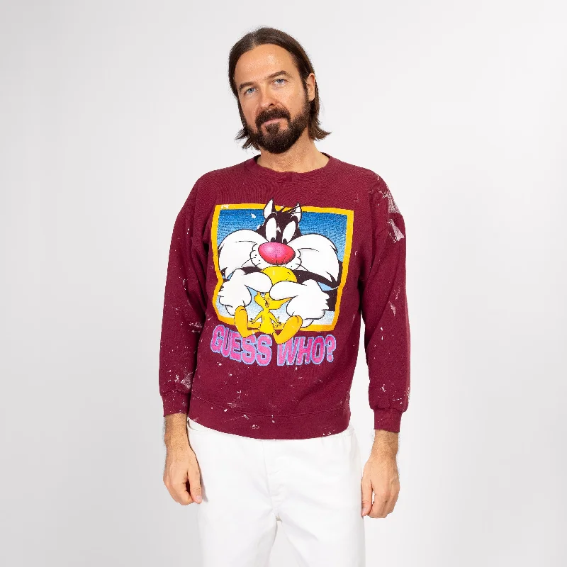 Medium 90s Sylvester & Tweety Bird Paint Splattered Sweatshirt Hoodie with Hem Ribbing Snug Secure