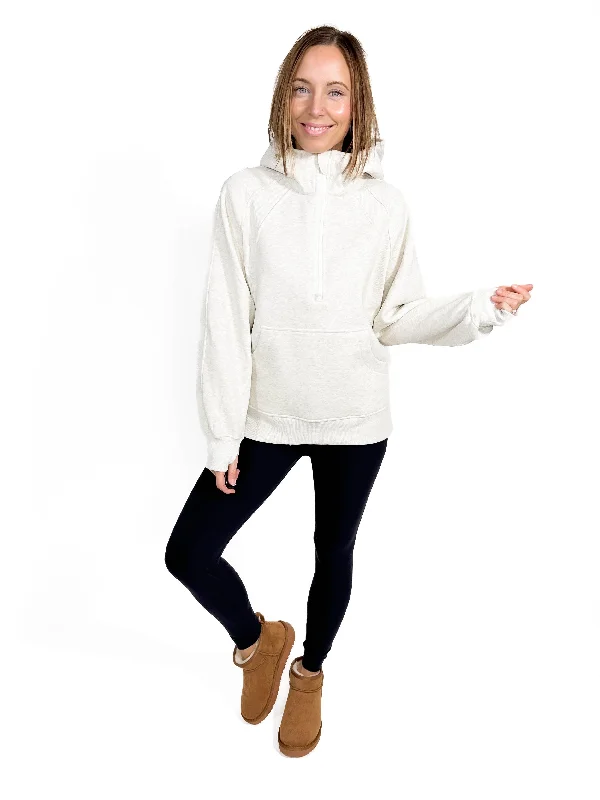 Morgan Funnel Neck Half Zip Hoodie- HTHR OATMEAL Hoodie with Frayed Bohemian Relaxed Morgan Funnel Neck Half Zip Hoodie- HTHR OATMEAL Hoodie with Frayed Bohemian Relaxed