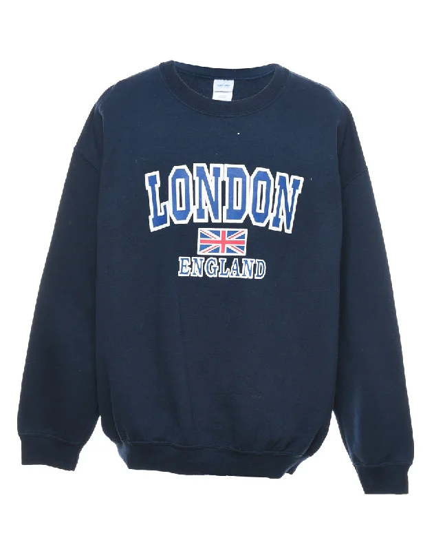Navy London Printed Sweatshirt - XL Hoodie with Metallic Shiny Futuristic