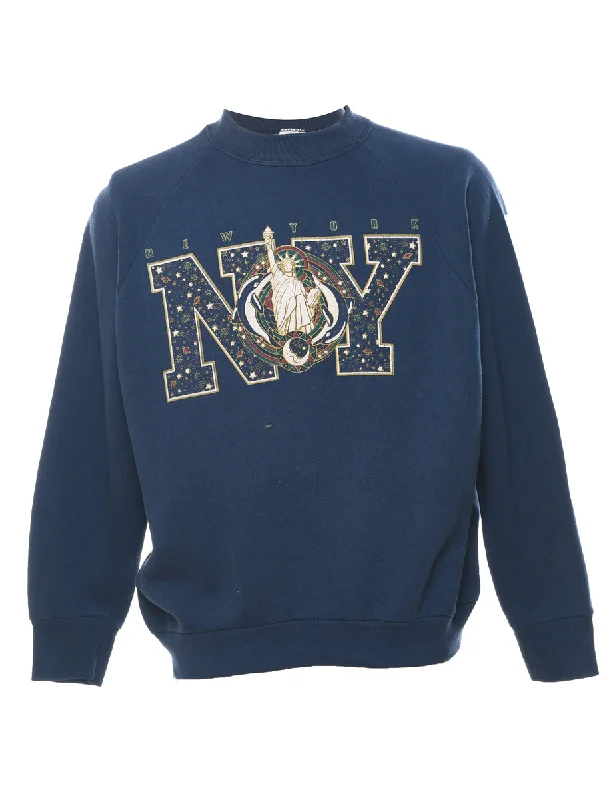New York Printed Navy Sweatshirt - L Hoodie with Applique Textured Unique