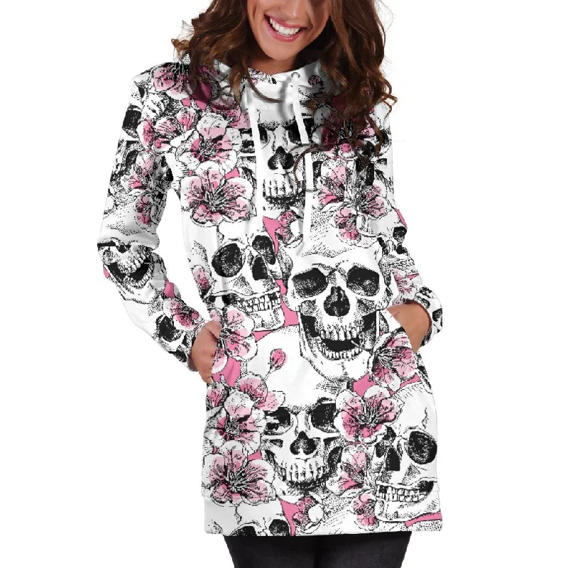 Pink Flowers Skull Pattern Print Pullover Hoodie Dress Hoodie with Monochrome Minimalist Simple Pink Flowers Skull Pattern Print Pullover Hoodie Dress Hoodie with Monochrome Minimalist Simple