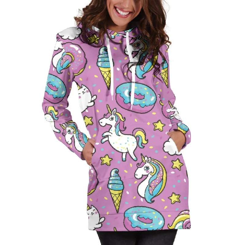 Pink Girly Unicorn Donut Pattern Print Pullover Hoodie Dress Hoodie with Mesh Breathable Sporty Pink Girly Unicorn Donut Pattern Print Pullover Hoodie Dress Hoodie with Mesh Breathable Sporty