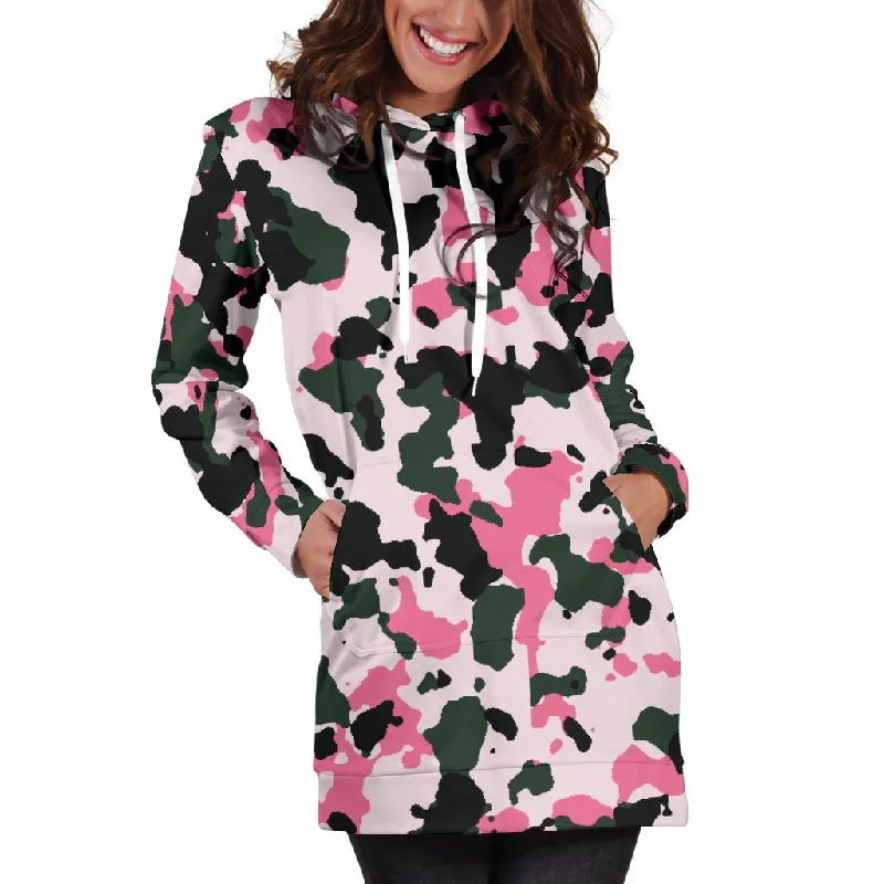 Pink Green And Black Camouflage Print Pullover Hoodie Dress Hoodie with Sequins Glamorous Eye-catching Pink Green And Black Camouflage Print Pullover Hoodie Dress Hoodie with Sequins Glamorous Eye-catching