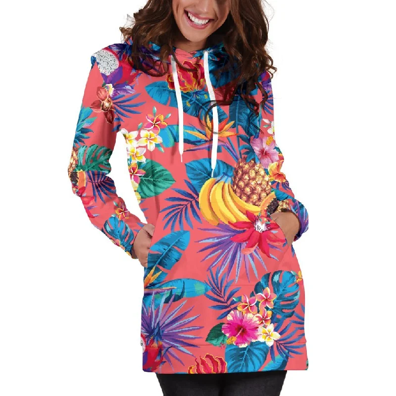 Pink Hawaiian Fruits Pattern Print Pullover Hoodie Dress Hoodie with Ribbed Cuffs Snug Fit Comfort Pink Hawaiian Fruits Pattern Print Pullover Hoodie Dress Hoodie with Ribbed Cuffs Snug Fit Comfort