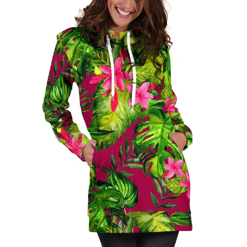 Pink Hawaiian Tropical Pattern Print Pullover Hoodie Dress Hoodie with Hem Raw Edge Edgy Unfinished Pink Hawaiian Tropical Pattern Print Pullover Hoodie Dress Hoodie with Hem Raw Edge Edgy Unfinished