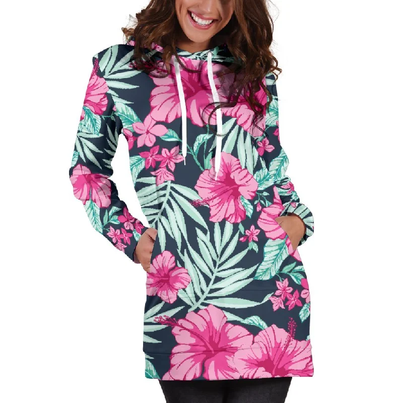 Pink Hibiscus Tropical Pattern Print Pullover Hoodie Dress Hoodie with High-Low Hem Asymmetrical Trendy Pink Hibiscus Tropical Pattern Print Pullover Hoodie Dress Hoodie with High-Low Hem Asymmetrical Trendy