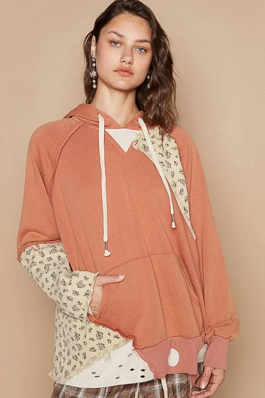 POL Floral Patchwork Distressed Drawstring Hoodie Hoodie Dress Longline Feminine
