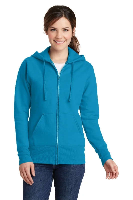 Port & Company Womens Core Pill Resistant Fleece Full Zip Hooded Sweatshirt Hoodie w/ Pockets - Neon Blue Hoodie with Mock Neck Collared Structured Port & Company Womens Core Pill Resistant Fleece Full Zip Hooded Sweatshirt Hoodie w/ Pockets - Neon Blue Hoodie with Mock Neck Collared Structured