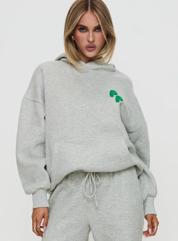 Princess Polly Hooded Sweatshirt Bubble Text Grey Marle / Green Hoodie with Set-In Sleeves Structured Classic Princess Polly Hooded Sweatshirt Bubble Text Grey Marle / Green Hoodie with Set-In Sleeves Structured Classic