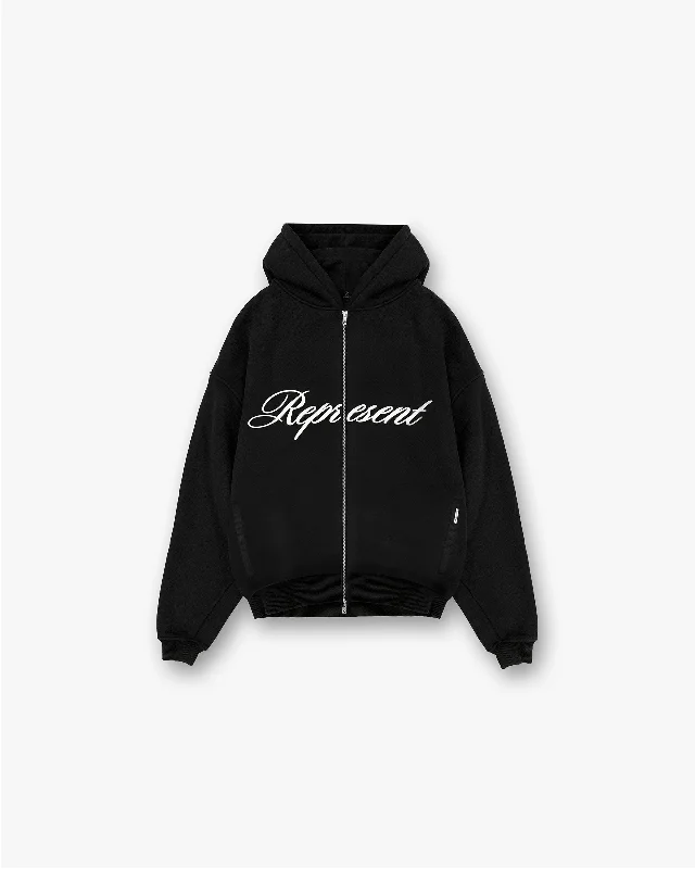 Script Logo Zip Hoodie - Black Hoodie with Thumb Holes Functional Cozy