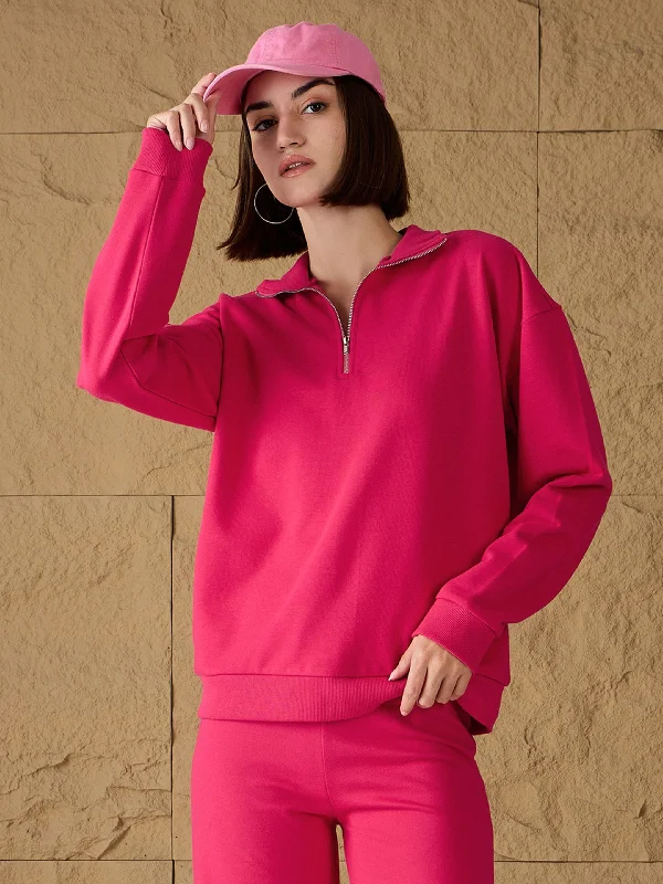 Women Fuchsia High-Neck Sweatshirt Hoodie with Print Artistic Unique