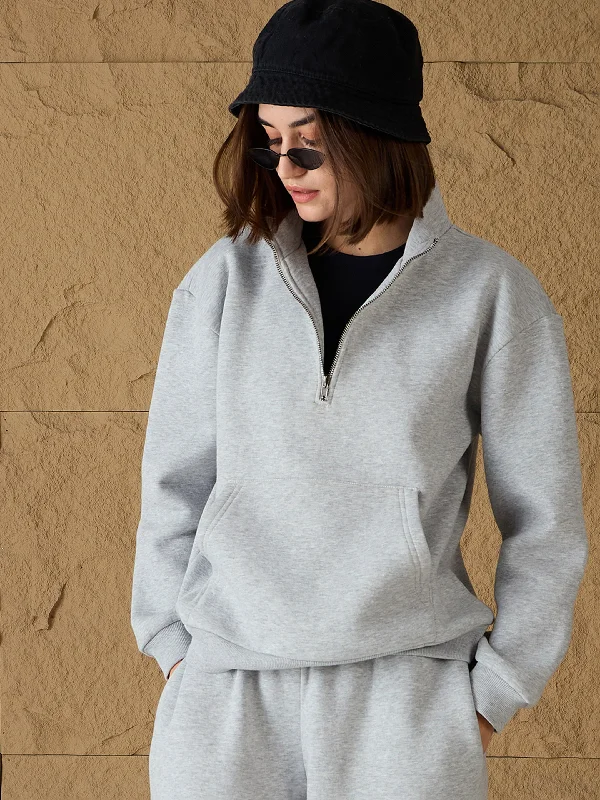 Women Grey Melange Fleece Front Zipper Sweatshirt Hoodie with Lining Warm Insulated