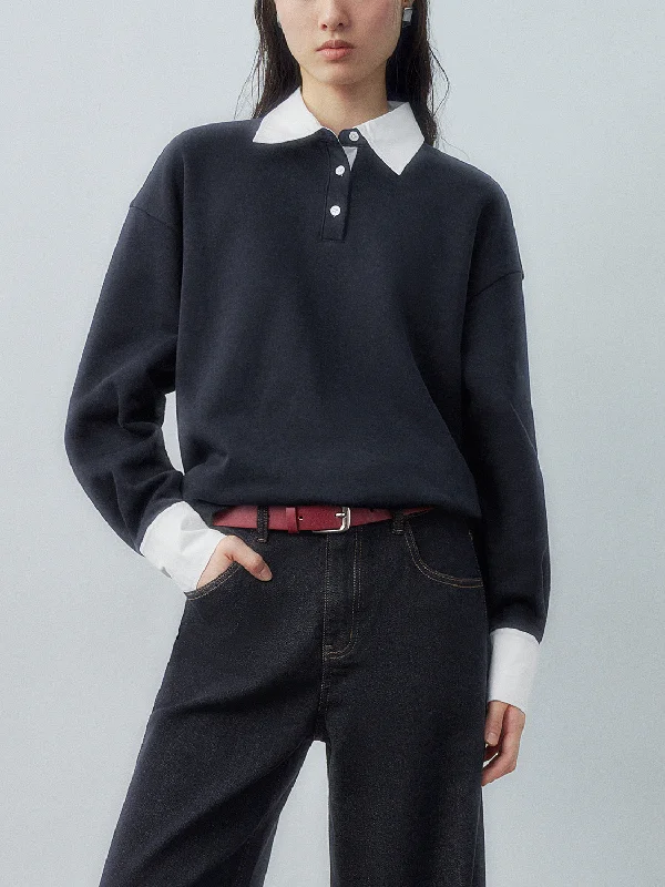 Shirt Collar Loose Sweatshirts Hoodie with Elastic Waist Stretchable Comfortable