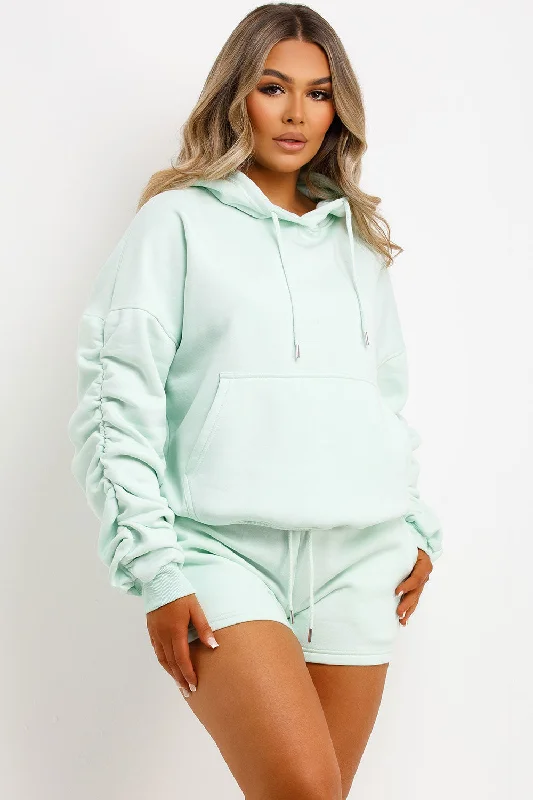Short Tracksuit With Ruched Sleeve Hoodie Mint Hoodie with Oversized Fit Loose Comfortable Short Tracksuit With Ruched Sleeve Hoodie Mint Hoodie with Oversized Fit Loose Comfortable