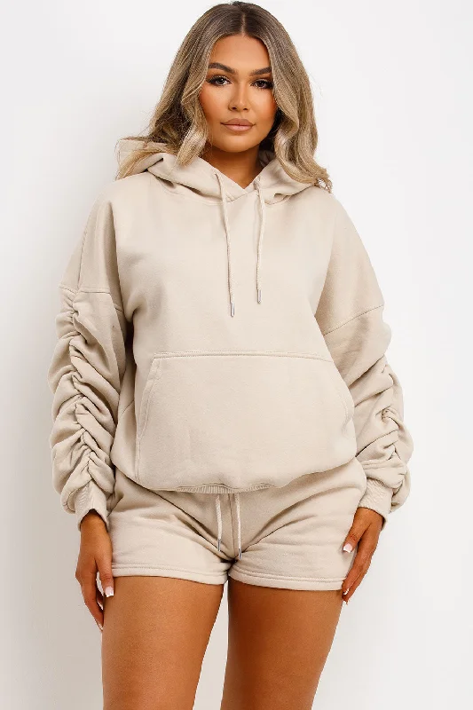 Short Tracksuit With Ruched Sleeve Hoodie Oatmeal Hoodie with Illustration Artistic Creative Short Tracksuit With Ruched Sleeve Hoodie Oatmeal Hoodie with Illustration Artistic Creative