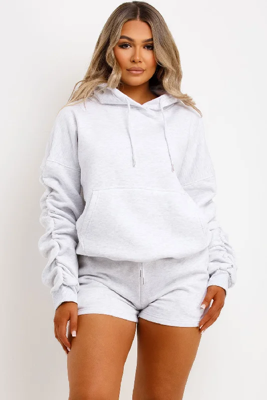 Short Tracksuit With Ruched Sleeve Hoodie Grey Marl Hoodie with Mesh Breathable Sporty Short Tracksuit With Ruched Sleeve Hoodie Grey Marl Hoodie with Mesh Breathable Sporty