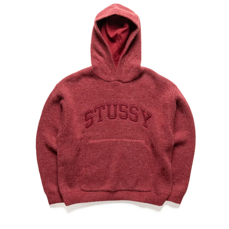 Stussy Felt Patch Knit Hoodie - Burgundy Hoodie with Hem Contrast Bold Stylish