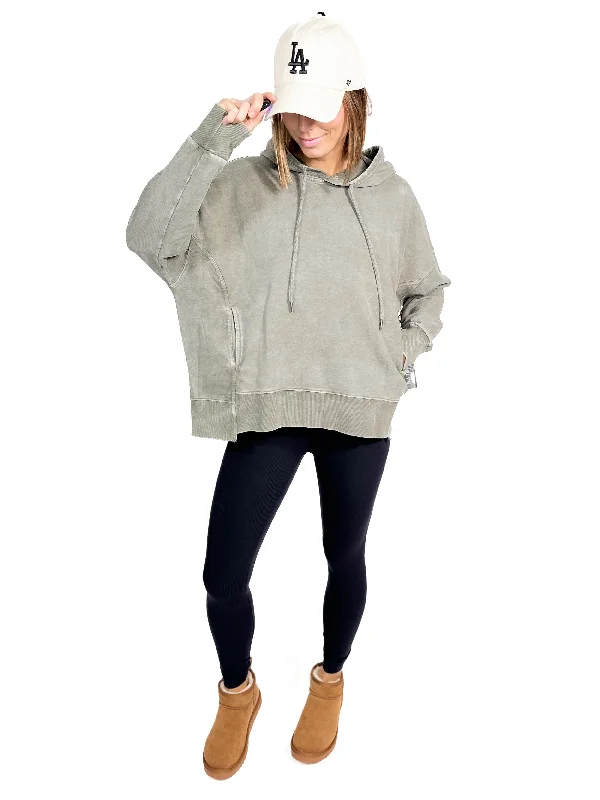 Thora Mineral Wash Oversized Pullover Hoodie- OLIVE Hoodie with Typography Text Message Thora Mineral Wash Oversized Pullover Hoodie- OLIVE Hoodie with Typography Text Message