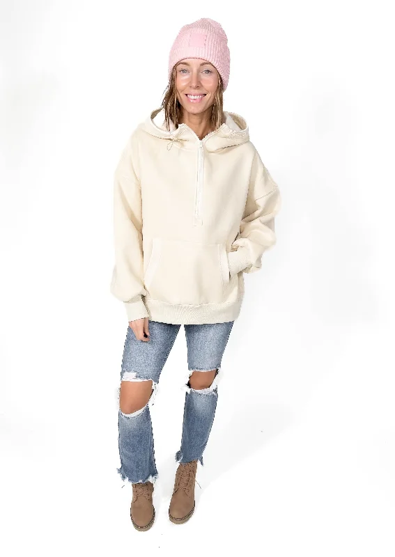 Torrin Fleece Oversized 1/2 Zip Hoodie- STONE BEIGE Hoodie with V-Neck Classic Versatile Torrin Fleece Oversized 1/2 Zip Hoodie- STONE BEIGE Hoodie with V-Neck Classic Versatile