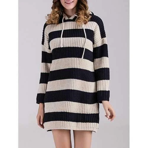 Striped Sweater Dress with Hoodie - Black One Size Zip Hoodie Drawstring Kangaroo Pocket